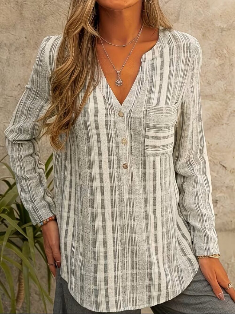Women's Elegant Striped Long Sleeve Shirt - V-Neck with Stand Collar
